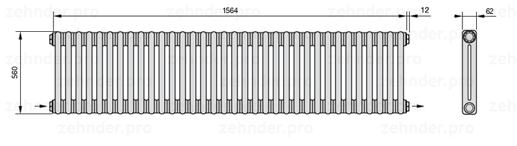 Схема (чертеж) Радиатор Zehnder Charleston 2056/34 №2670 Белый глянцевый RAL 9016